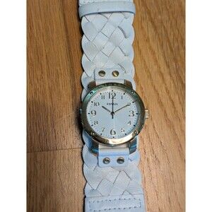 Fossil Watch 33mm White Braided Leather Cuff Band Gold Tone Quartz Needs Battery